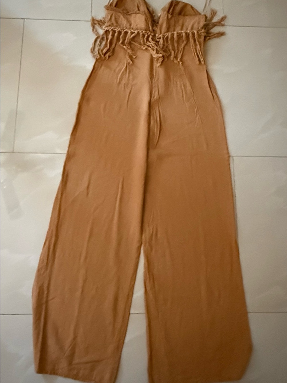 Fashion Nova Tan Fringe Strapless Wide-Leg Jumpsuit